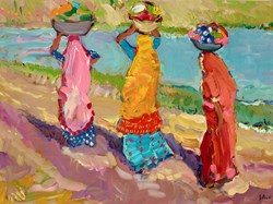 The Washing Party Udaipur by Jeffrey Pratt - Original Painting on Board sized 32x24 inches. Available from Whitewall Galleries